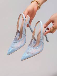 Sepatu Hak Tinggi Bordir Renda, Sandal Hak Tipis Modis Warna Biru Muda untuk Wanita, Sepatu Musim Panas - Baby Blue - View 1
