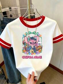 Disney Official Licensed Women's Y2K Style Color Block Short-Sleeve Crew Neck T-Shirt - Breathable Casual Top, Disney Lilo & Stitch "Angel The Artist" Custom Name Ringer T-Shirt, Ideal For Everyday Wear. - 白色 - 查看 1