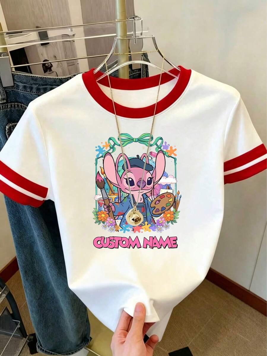 Disney Official Licensed Women's Y2K Style Color Block Short-Sleeve Crew Neck T-Shirt - Breathable Casual Top, Disney Lilo & Stitch "Angel The Artist" Custom Name Ringer T-Shirt, Ideal For Everyday Wear. - 白色 - 查看 1