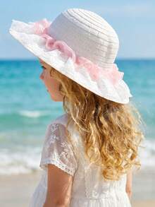 1 Stück Mädchen Kinder Strohhut, beiger Mesh Stroh Strandhut, Sommer Sonnenhut, leicht atmungsaktiv mit breiter Krempe, für Urlaub/Feiertage Strand/Meeresküste Outdoor Sport, passt für Kinder im Alter von 3--8 Jahren - 1PC - Übersicht 5