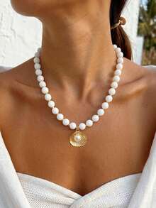BOHO 1pc Vintage French Elegant Fashion Hip Hop Bohemian Vacation Style Bling Bling Colorful Beaded White Pearl Starfish Shell Pendant Tassel Long Necklace Set, Personalized Exaggerated Unique Y2K Multi-Piece Layered Y-Shaped Collarbone Chain Sweater Chain, Suitable For Women Summer Beach Vacation Party Evening Dinner Music Festival Date Gift Daily Wear All Season Versatile Jewelry - White - View 2