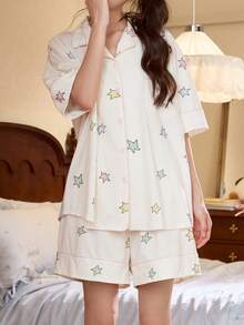 Gongdie 2er/Set Damen Pyjama Set, Sommer weich atmungsaktiv Baumwolle Sternenmuster Pinguin Muster Loungewear - Weiss - Übersicht 9