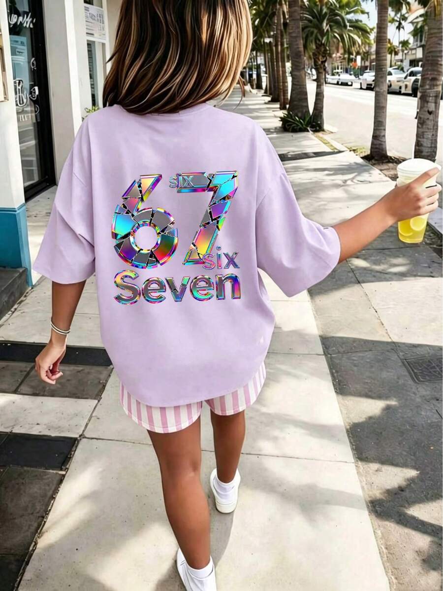 Tween Girls' Colorful Number 67 & Six Seven Print T-Shirt, Suitable For Daily Wear, Party, Fashion Summer Top - Mauve Purple - View 1