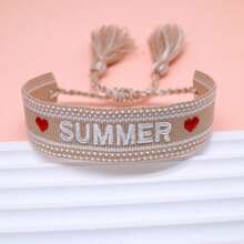 1pc Pulseira Criativa Bordada "SUMMER" Feita à Mão Tecida Estilo Boémio de Praia e Viagem, Adequada para Amigos, Família, Estudantes, Festivais, Festas, Viagens - Caqui - Ver 4