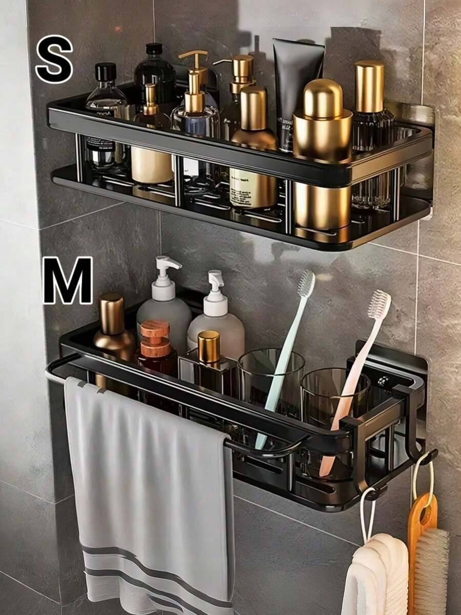 1pc Aluminum Bathroom Shelf, Towel Rack, Wall-Mounted Shampoo And Cosmetic Storage Organizer, Shower Shelf, Kitchen Sink Shelf - Black - View 1