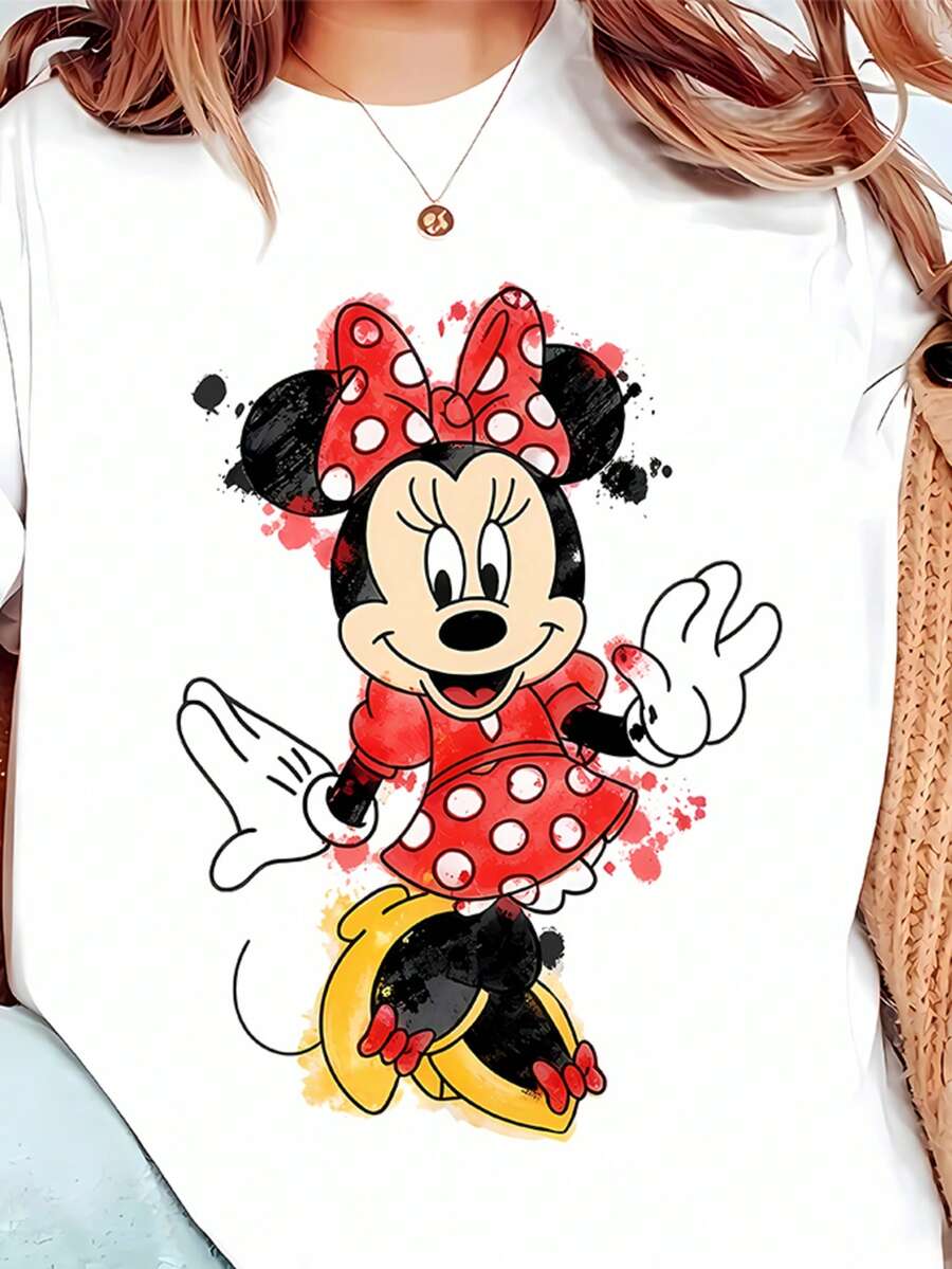 Disney Minnie Mouse Watercolor Crew Neck Sweatshirt: This Women's Crew Neck Sweatshirt Features Beloved Disney Character Minnie Mouse In A Vibrant Watercolor-Inspired Design, Perfect For Fans Of The Classic Character. Made With Soft, Thickened Fabric, It Offers A Cloud-Like, Skin-Friendly Feel That Keeps You Warm And Cozy All Day Long. The Front Showcases A Playful Print: Minnie In Her Iconic Red Polka Dot Dress And Bow, Surrounded By Artistic Splashes Of Color That Highlight Her Cheerful Personality. The Bright, Retro-Inspired Art Style Captures Her Timeless Charm Perfectly. Designed With A Relaxed Fit, This Sweatshirt Provides A Comfortable, Flattering Silhouette For All Body Types. It Works Great For Theme Park Visits, Casual Outings, Friend Gatherings, Or Cozy Days In, And Makes A Thoughtful Gift For Any Disney-Loving Fan. - White - View 1