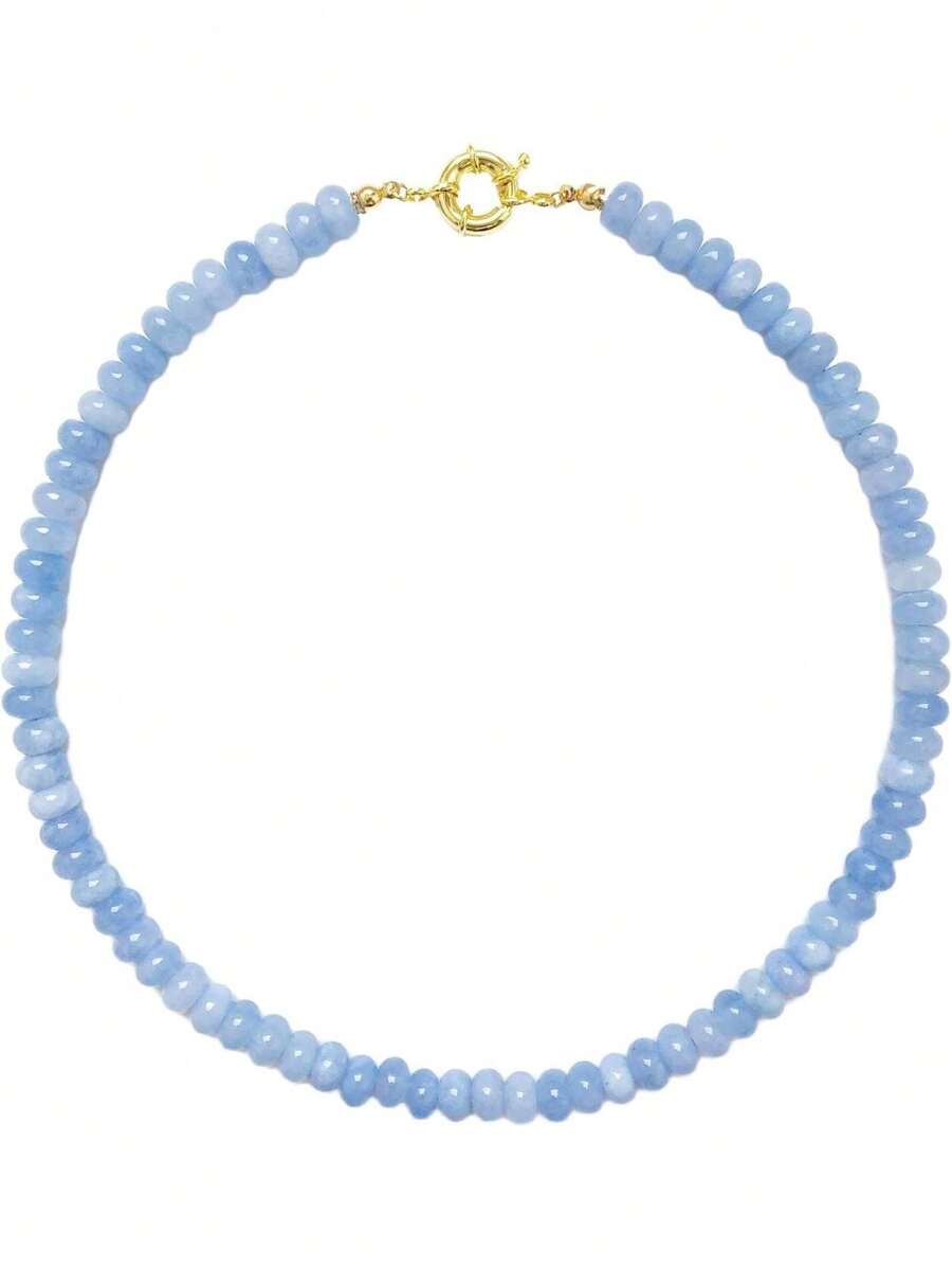 Beaded Gemstone Necklace For Women, Pure Color Boho Bead Choker Natural Stone Surfer Beach Rainbow Beads 18K Gold Plated DIY Handmade Jewelry Charm - 藍色 - 查看 1