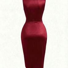 dahkjdgajy  Vestido de mujer de alta gama y lujo, de moda de nicho francés retro, sin mangas, con pliegues, brillante, con abertura asimétrica y cintura ceñida - Burdeos - Ver 3