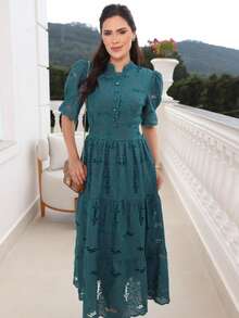 Women's Elegant Floral Embroidered Lace Midi Dress, 100% Cotton, With Puff Sleeves, Front Buttons And Full Skirt - Romantic And Sophisticated Look, Summer 2025 - 水鴨藍 - 查看 4