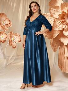 XUIBOL Đầm dạ hội nữ size lớn, chân váy xòe satin, áo cổ chữ V đính sequin, tay lỡ 3/4, phù hợp cho đám cưới và các sự kiện trang trọng - Màu xanh ngọc - Xem 6