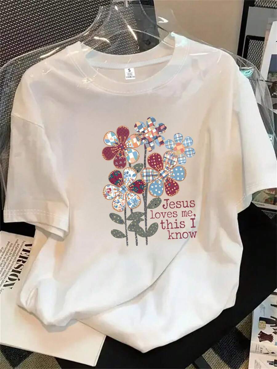 Vestido de mesa de mujer de cuello redondo y manga corta con estampado floral en un jarrón, apto para todas las estaciones. - Blanco - Ver 1