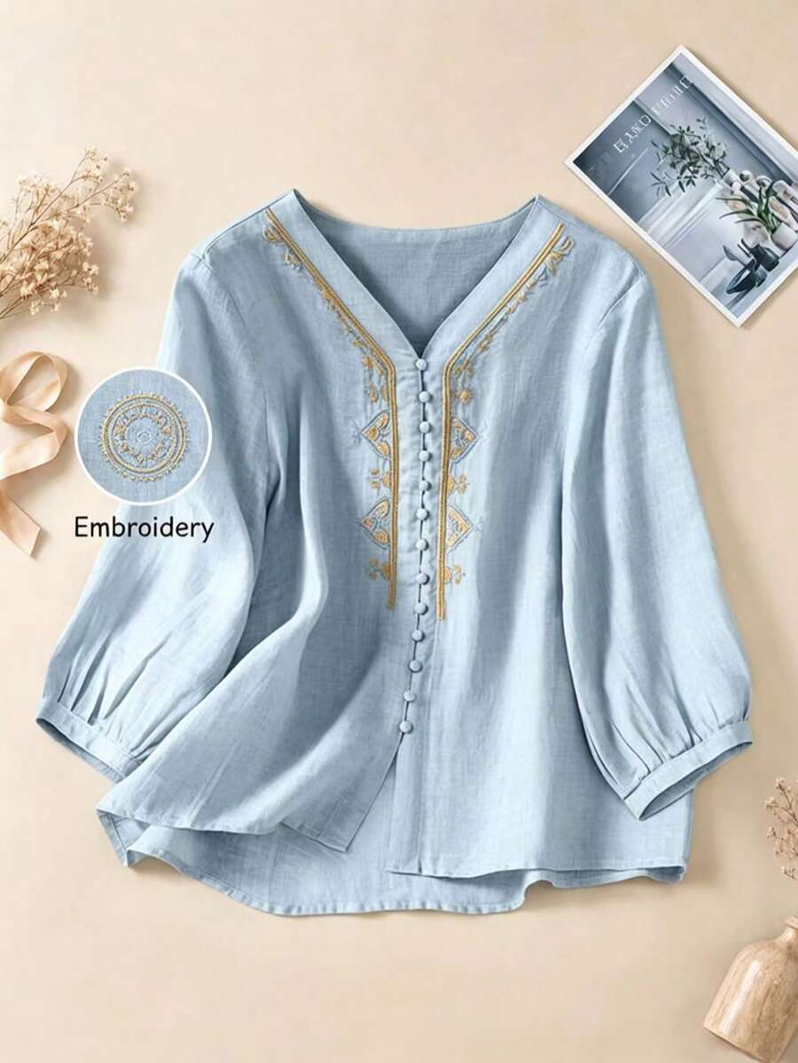 Vintage Embroidered Design Short Sleeve Top, Embroidery V-Neck Casual T-Shirt Blouse, Spring/Summer - Baby Blue - View 1