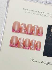 10pcs Handmade Square Press-On Nails, Acrylic Short Pink Nails With Glitter French Tip Line Heart Design, Y2K Summer DIY Fake Nail Art, Suitable For Party, Daily, Date, Beach Tropical Vacation Outfit, Women Girls Gift Nail Supplies - Pink - View 11