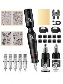 DQFART Wireless Tattoo Gun Kit, Equipped With Tattoo Machine Pen, 1 Tattoo Battery, 1 Bottle Of 20ML Black Tattoo Ink, 1 Bottle Of 20ML White Tattoo Ink, 5 Tattoo Needles, 5 Tattoo Transfer Papers, A Complete Tattoo Kit Suitable For Beginners - 彩色 - 查看 7