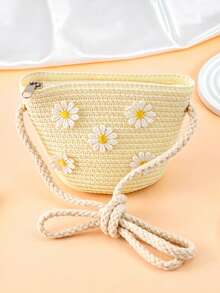 [Mini] 1pc Girls Summer Floral Straw Crossbody Bag, Suitable For Daily And Vacation Use - Multicolor - View 5