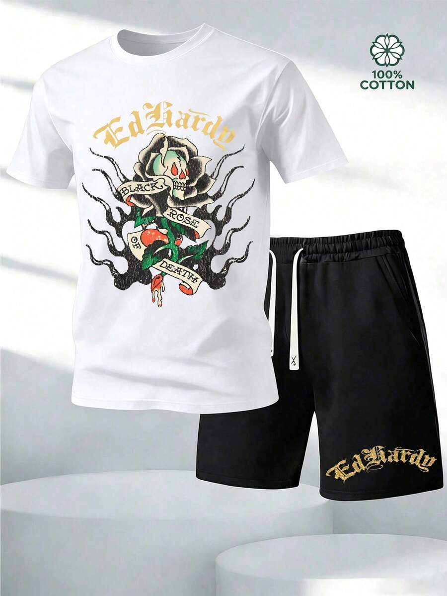 Men's 2PC Tattoo-Style "Skull Rose" Graphic Tee And Shorts. Soft, Breathable Cotton. Streetwear For Summer, Vacation, And Daily Wear. - trắng - Xem 1