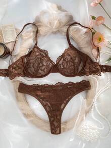 1 Set Pakaian Dalam Renda Wanita - Coklat - View 6