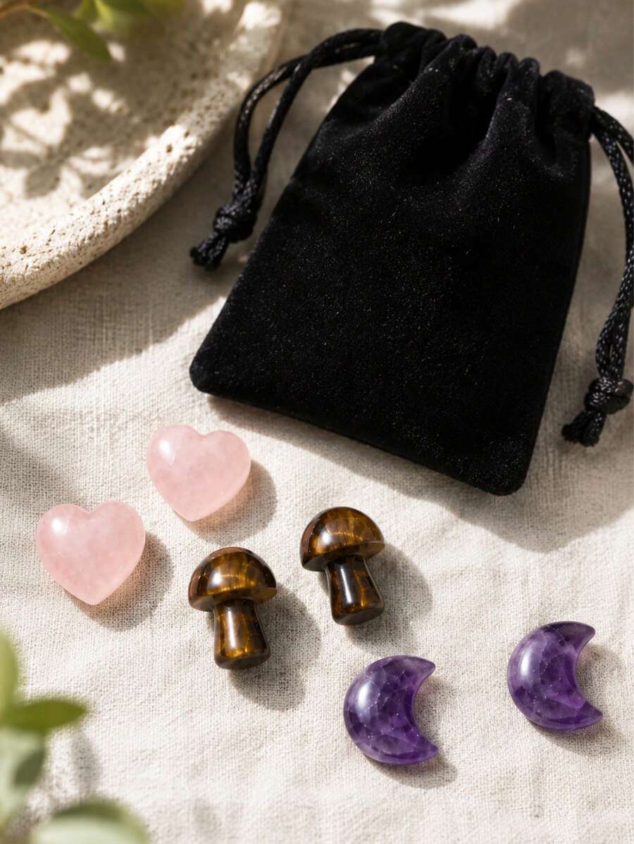 QYDCX 療癒水晶套組|月亮蘑菇愛心拋光原石 冥想 DIY 女孩節日禮物 - 彩色 - 查看 1