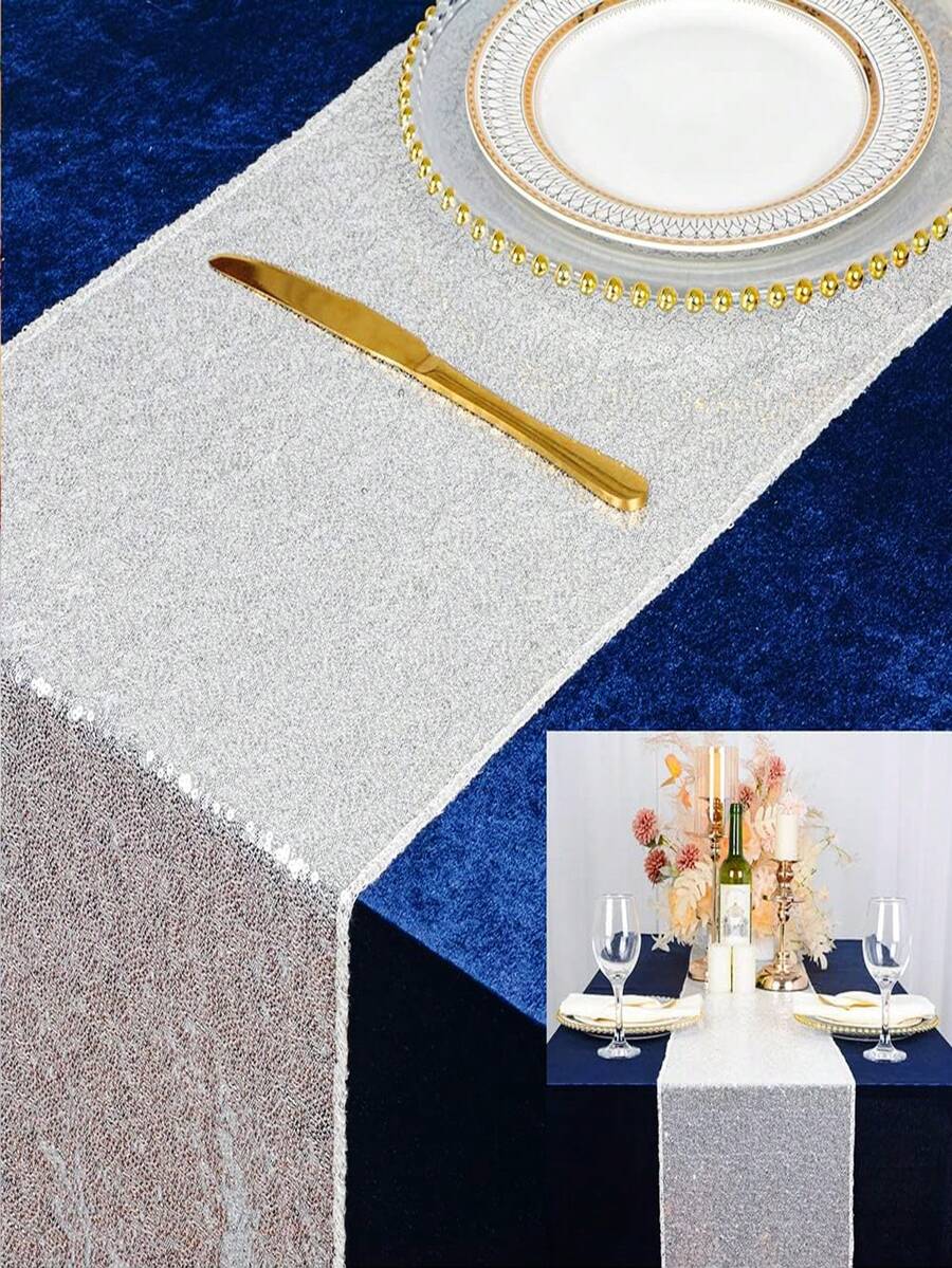 1 pieza Camino de mesa con lentejuelas plateadas brillantes, camino de mesa de tela brillante, adecuado para boda, fiesta, mesa de comedor, decoración del hogar