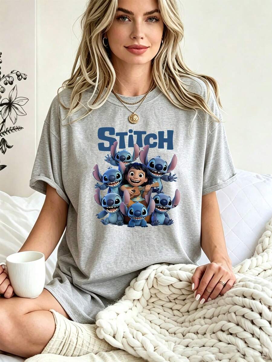 Breathable Cotton Disney Fan Tee | "Lilo & Stitch" Collage Print With Lilo Playing Ukulele | Fun Island Adventure Short-Sleeve Shirt - 灰色 - 查看 1