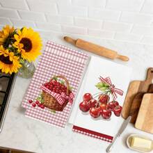 2PCS Kitchen Towels Red Plaid Cherry Pattern, 40*60cm Country Farm Style Rectangular Dishcloth, Tablecloth, Hand Towel, Kitchen Decor, Neighbor Housewarming Gift, Kitchen Napkin And Dishcloth, Home Decor Gift - Red - View 7
