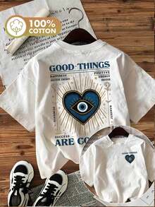 Minimalist. 100% Cotton. 1 Piece. [Circle Pattern][Double-Sided Print]Women's Casual Top For Spring And Summer. Vintage Style. Evil Eye. Heart. "GOOD THINGS HAPPINESS" Print. Pure Cotton Short-Sleeved T-Shirt With A Round Neck. Spring/Summer Top. - 白色 - 查看 1