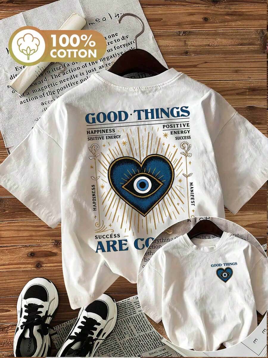 Minimalist. 100% Cotton. 1 Piece. [Circle Pattern][Double-Sided Print]Women's Casual Top For Spring And Summer. Vintage Style. Evil Eye. Heart. "GOOD THINGS HAPPINESS" Print. Pure Cotton Short-Sleeved T-Shirt With A Round Neck. Spring/Summer Top. - 白色 - 查看 1