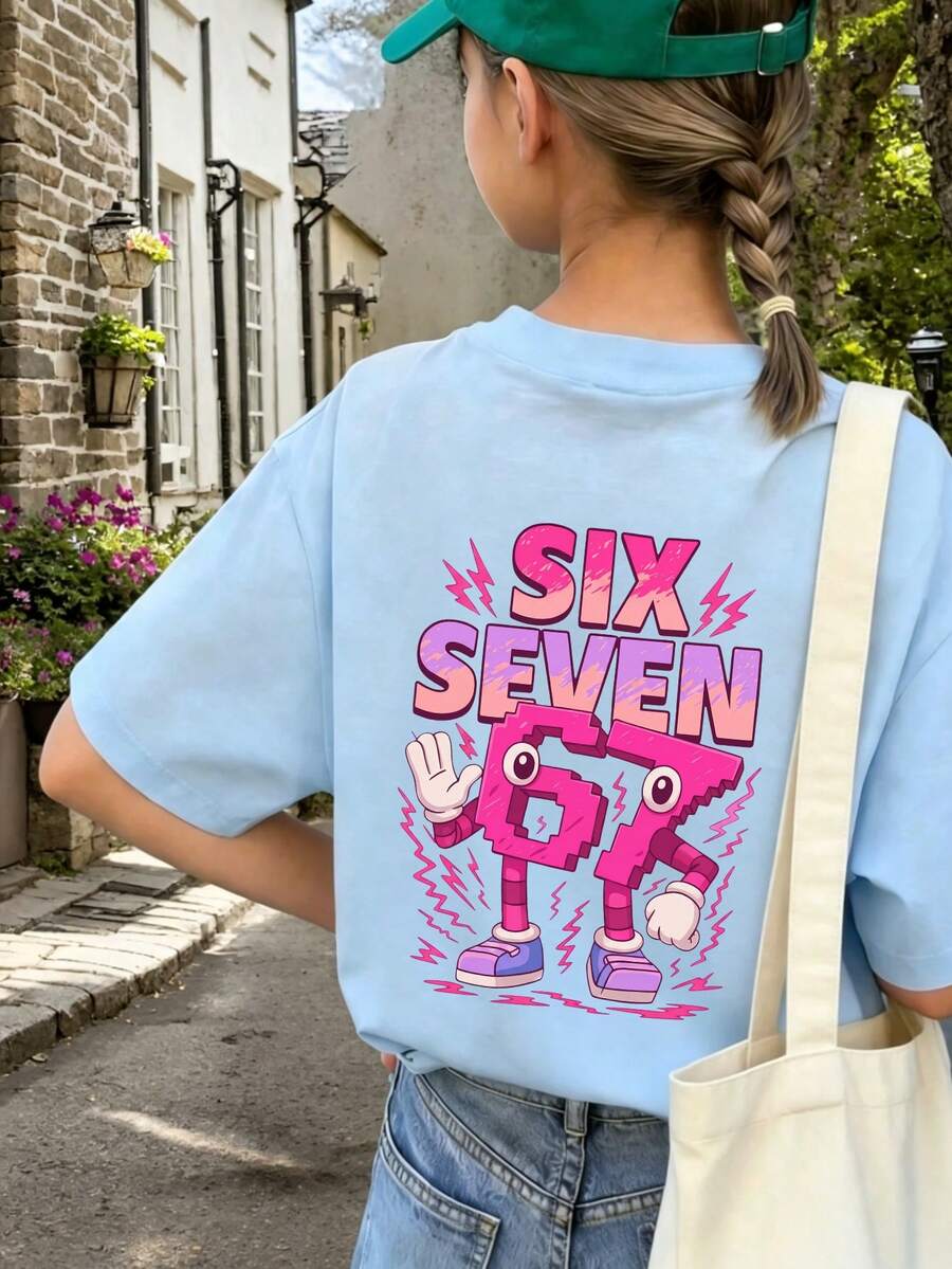少女款“SIX SEVEN”彩色数字6 7卡通印花粉色T恤,适合日常穿着、街头风、活动场合,休闲百搭的夏季女童上衣 - 淺藍色 - 查看 1