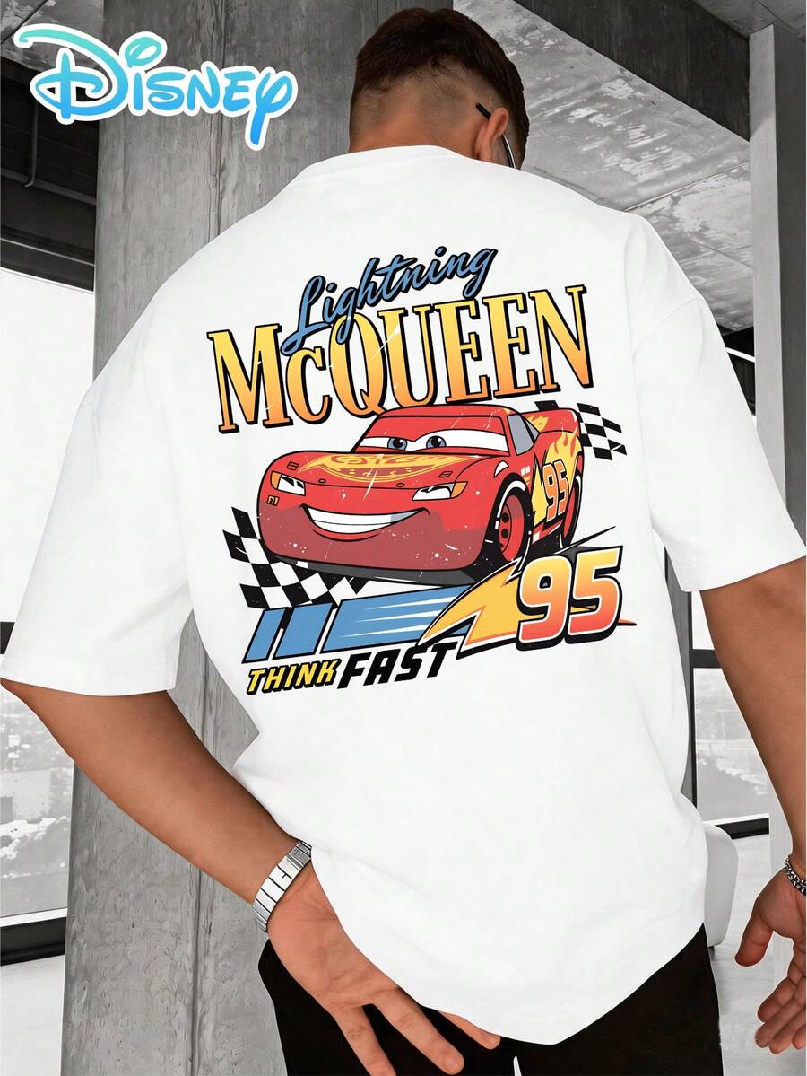 T-Shirt With Lightning McQueen Motif From Disney Cars, Retro Racing Car Print, Short-Sleeved T-Shirt For Men, Streetwear, Everyday Fashion, Leisure Style, Outdoor Sportswear, Summer Clothing For Men, Gift For Men. - 白色 - 查看 1