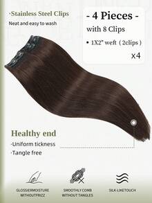 DNE HAIR 4件裝直髮夾式真人髮片，8個夾片雙層隱形設計，2#深棕色真髮，12-18英吋，耐用防脫髮，柔軟厚實質感，適合全頭佩戴，日常穿搭、節日Cosplay與季節搭配 - S2 - 查看 3