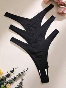 3pcs/Pack Women's Solid Color Comfortable Seamless Thong Panties - Black - View 2
