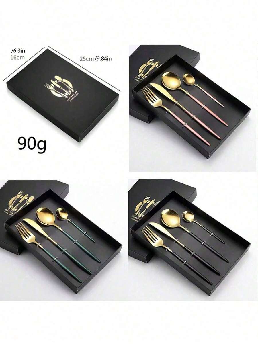 不鏽鋼餐具套組附禮盒，金/銀/黑色可選，便攜耐用，適用於戶外露營、野餐及日常使用