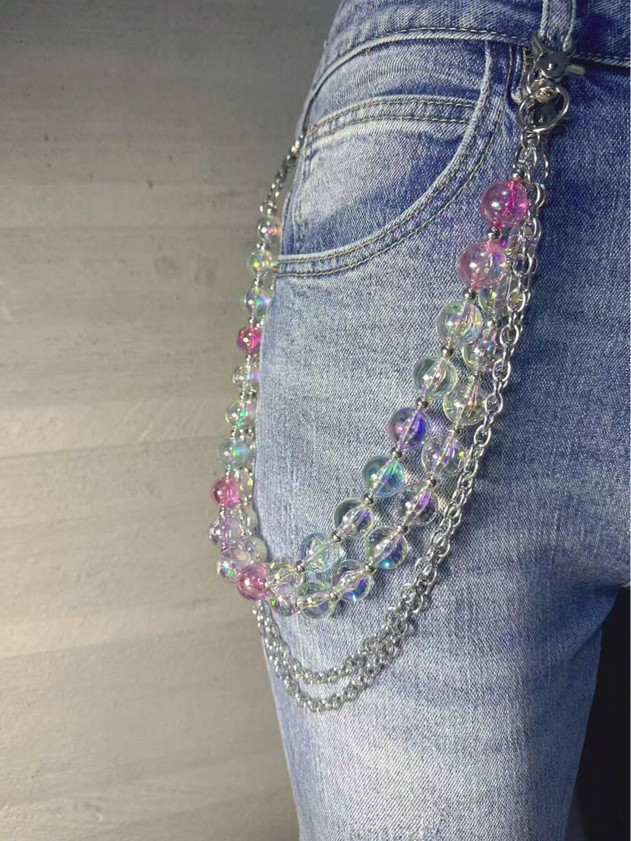 1pc Transparent Rainbow Mixed Color Punk Style Spiked Waist Chain Pants Chain, Hip-Hop Ins Minimalist Waist Chain, Punk And Gothic Style Pants And Wallet Chain Waist Chain, Metal Jeans Keychain Suitable For Decorating Wallet Bag Buckle, Random Color Sequence - Multicolor - View 1