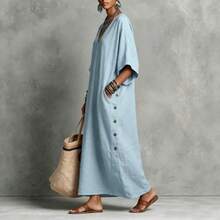 2026 New Linen Loose V-Neck Side Button Vacation Casual Long Dress - Khaki - View 5