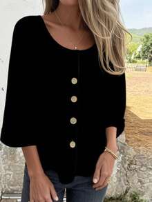 2025 New Loose-Fit T-Shirt For Women, Round Neck Cotton-Linen Button-Up Cardigan Shirt - White - View 8