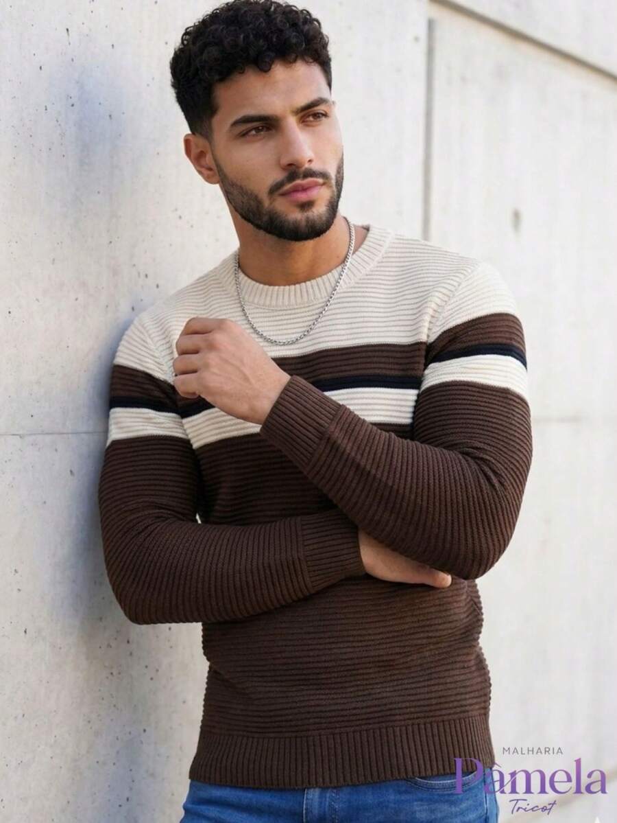 Men's Long-Sleeved Knitted Sweater With Striped Crew Neck - Winter Fashion - 沙色/黑色/羅馬尼亞 - 查看 1