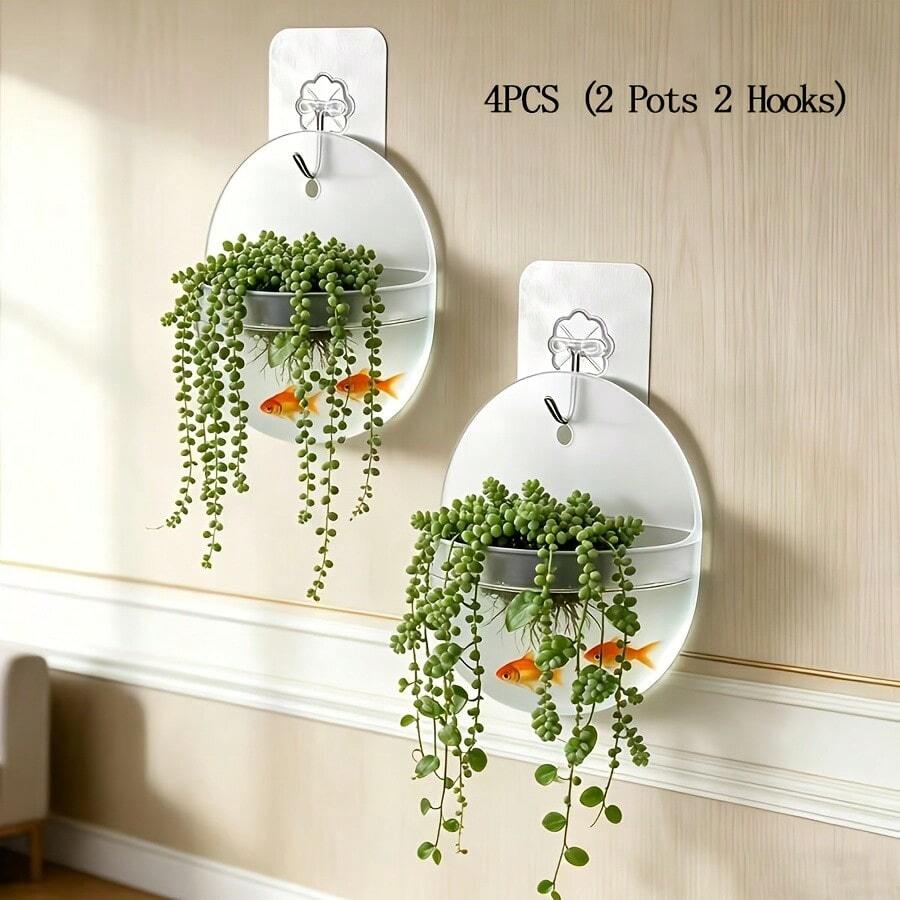4件組 (2個吊掛花盆 + 2個自黏式掛鉤)，不含植物，適用於室內使用，辦公室/客廳/居家裝飾，壁掛式花盆，節日裝飾，水耕植物塑膠盆 - A - 查看 1