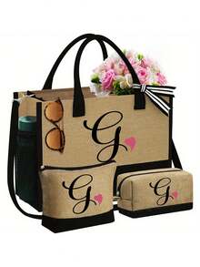 黑色亞麻色托特包套組，包含肩背帶 + 化妝包 + 正方形包，極簡字母 A-Z，超大容量。肩背帶可根據個人喜好拆卸，配有化妝收納包和拉鍊小正方形包，適合婚禮、生日、海灘 - 彩色 - 查看 25