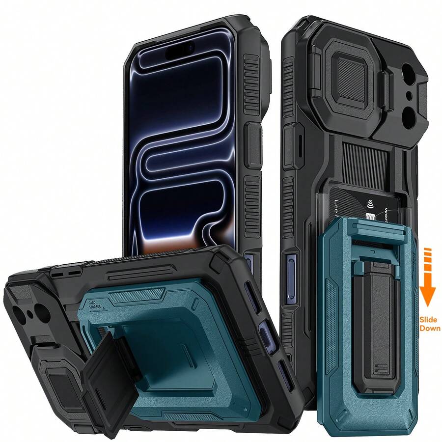 Mechanical Armor Series Wallet Phone Case For IPhone 17 Pro Max, With Semi-Automatic Card Slot (Can Hold 3-4 Cards), RFID Anti-Theft, Kickstand, Camera Lens Protection, And Wallet Function, Heavy-Duty Rugged Phone Protective Case - Black, Fit For IPhone 13 14 15Pro 16Plus 17 Pro Max Air