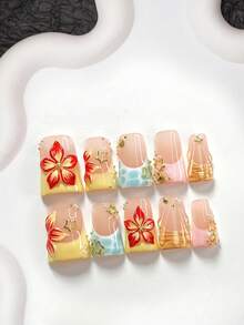 10pcs Handmade Summer Vacation Style Press-On Nail Set, Polymer Gel Embellished, Shell & Star Decor, Yellow/Pink/Blue Nail Polish, Includes Nail Tools, 3 Sizes Available, Almond/Duck/Coffin Shape, Suitable For Party, Dancing, Daily Wear - Multicolor - View 12