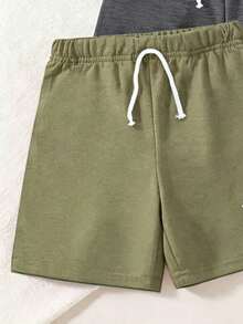 3pcs Young Boy Summer Casual Solid Color Shorts Set - Army Green - View 3