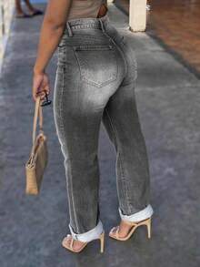 Women's Casual Loose-Fit Solid-Color Mid-Rise Straight-Leg Jeans - Featuring Distressed Rips And Tears; Suitable For All Seasons. - 深灰色 - 查看 5