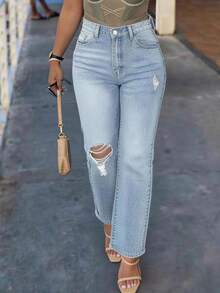 Women's Casual Loose-Fit Solid-Color Mid-Rise Straight-Leg Jeans - Featuring Distressed Rips And Tears; Suitable For All Seasons. - Mint Blue - View 1