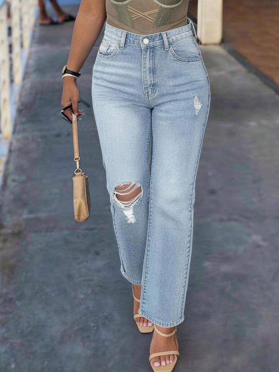 Women's Casual Loose-Fit Solid-Color Mid-Rise Straight-Leg Jeans - Featuring Distressed Rips And Tears; Suitable For All Seasons. - Mint Blue - View 1