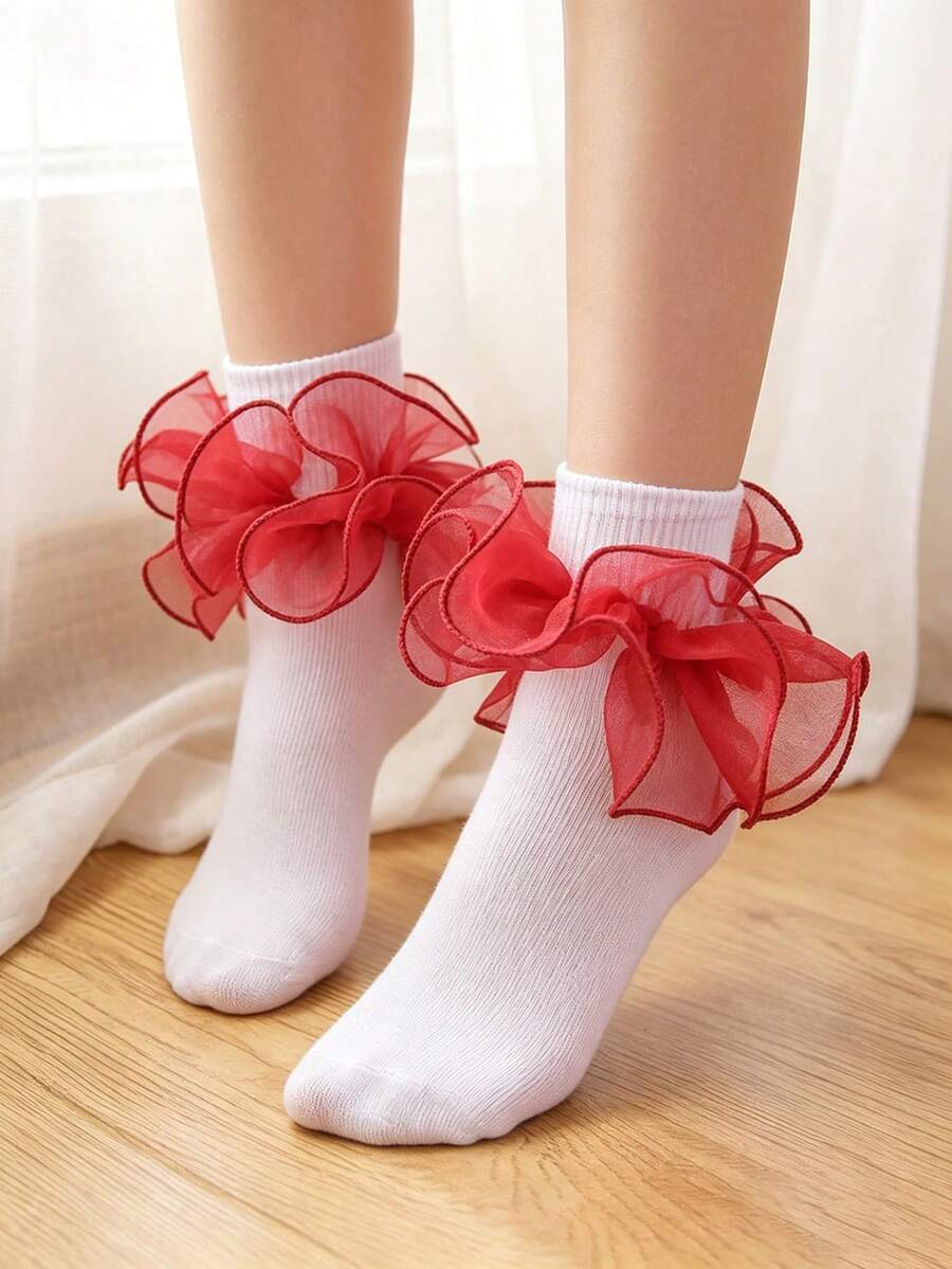 1 Pair Girls Solid Color Ruffle Decor Cute Everyday Ankle Socks - Red - View 1