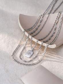 3pcs/Set Women's Necklace Set, Summer Tassel Bohemian Beach Vacation Layered Style, Multi-Layer Copper Inlaid Zirconia Eight-Pointed Star Cuban Water Wave Twist Chain Necklace Set, Daily Jewelry Gift - Silver - View 3