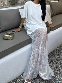Conjunto Mujer Negro de 2 Piezas con Encaje Floral Falda Maxi y Top Sexy Ligero Verano Elegante - Blanco - Ver 5