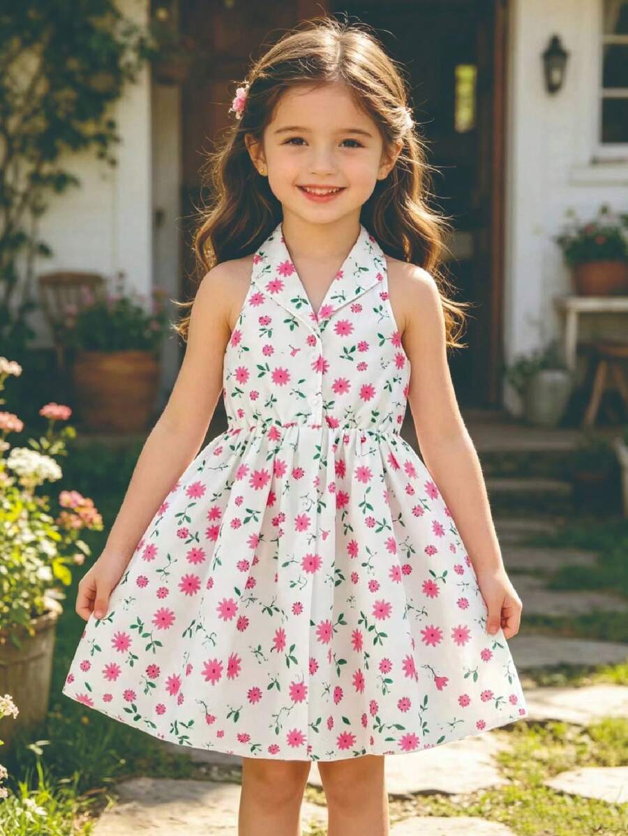 Girls Casual Floral Print Decor Button Design Hollow Back Flared Hem Sleeveless Knee-Length Dress, Suitable For Spring/Summer - Pink - View 1