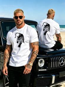 T-shirt simples estampada para homem, top casual com gola redonda, adequada para deslocações diárias e como acessório de estilo urbano. - Branco - Ver 6