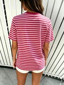 Loose Plus Size Pink & Burgundy Striped Print Women Casual Round Neck Short Sleeve T-Shirt, Fashion Top For Spring/Summer - Multicolor - View 2